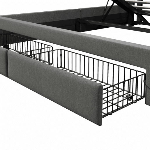 Cama estofada 140x200 cm - armazenamento hidráulico, USB Tipo-C, LED, linho, multifuncional - cinza