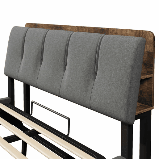 Cama estofada 140x200 cm - armazenamento hidráulico, USB Tipo-C, LED, linho, multifuncional - cinza