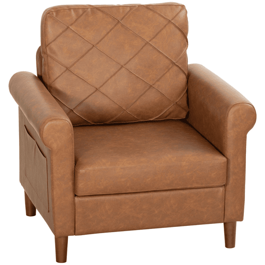 HOMCOM Poltrona Relax, Sofá Individual, Estofado em PU, Almofada Espessa, Encosto com Costuras, Assento Largo, Pés de Madeira Maciça para Sala, Quarto e Escritório, 82x71x84 cm, Castanho