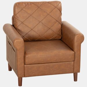 HOMCOM Poltrona Relax, Sofá Individual, Estofado em PU, Almofada Espessa, Encosto com Costuras, Assento Largo, Pés de Madeira Maciça para Sala, Quarto e Escritório, 82x71x84 cm, Castanho