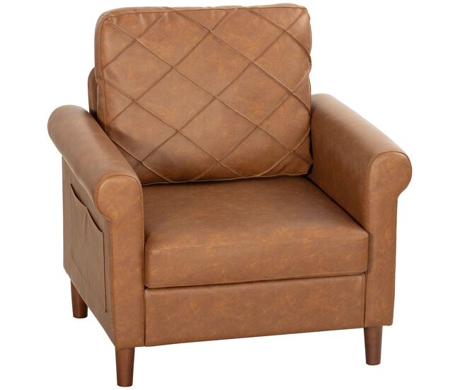 Homcom sillón relax, sofá individual, tapizado en pu, cojín grueso, respaldo con costuras, asiento amplio, patas de madera maciza para salón,
