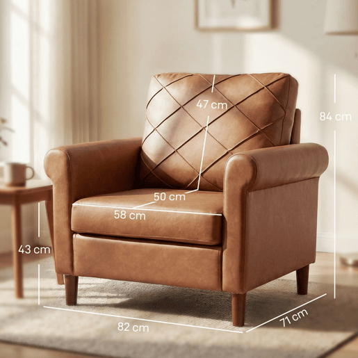 HOMCOM Poltrona Relax, Sofá Individual, Estofado em PU, Almofada Espessa, Encosto com Costuras, Assento Largo, Pés de Madeira Maciça para Sala, Quarto e Escritório, 82x71x84 cm, Castanho