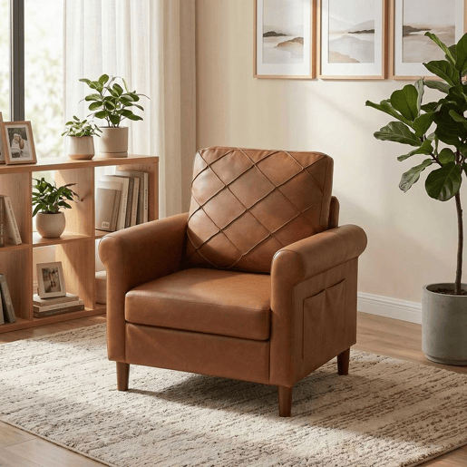 HOMCOM Poltrona Relax, Sofá Individual, Estofado em PU, Almofada Espessa, Encosto com Costuras, Assento Largo, Pés de Madeira Maciça para Sala, Quarto e Escritório, 82x71x84 cm, Castanho