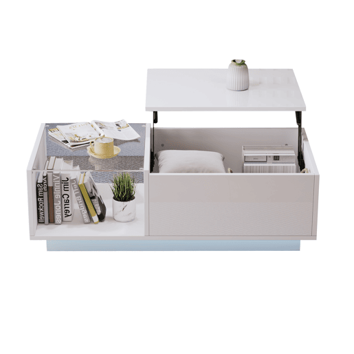 Mesa de centro elevável retangular de painel de partículas com luz led,branco