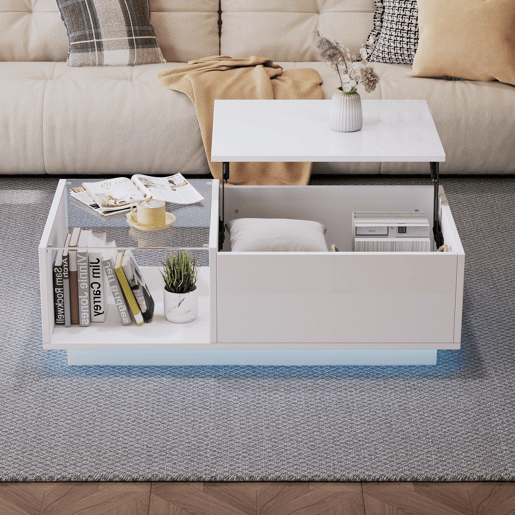 Mesa de centro elevável retangular de painel de partículas com luz led,branco