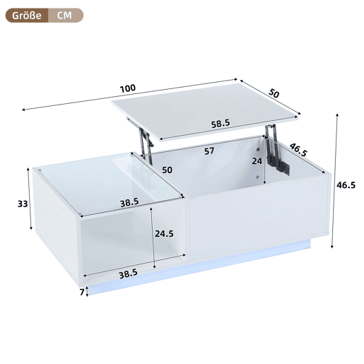 Mesa de centro elevável retangular de painel de partículas com luz led,branco