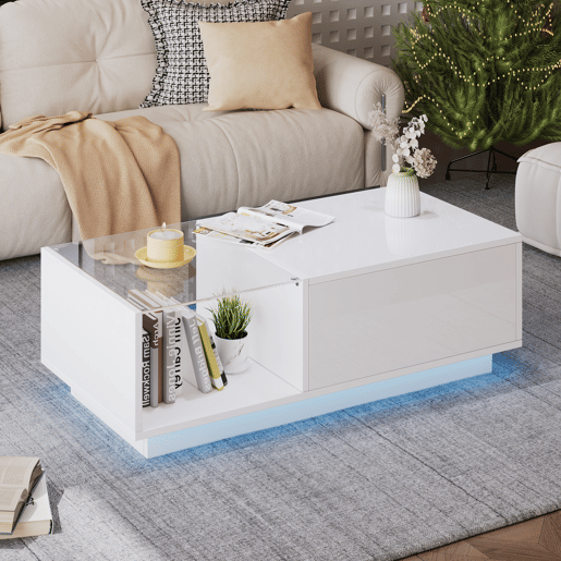 Mesa de centro elevável retangular de painel de partículas com luz led,branco