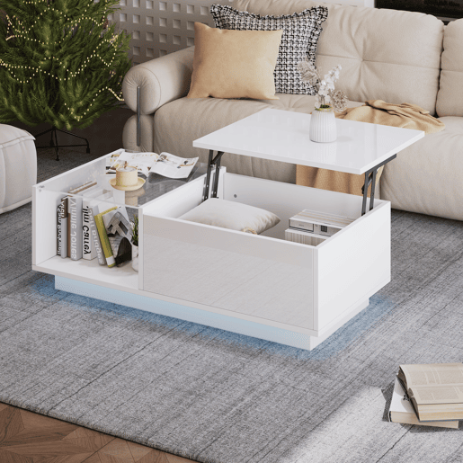 Mesa de centro elevável retangular de painel de partículas com luz led,branco