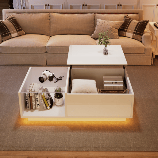 Mesa de centro elevável retangular de painel de partículas com luz led,branco