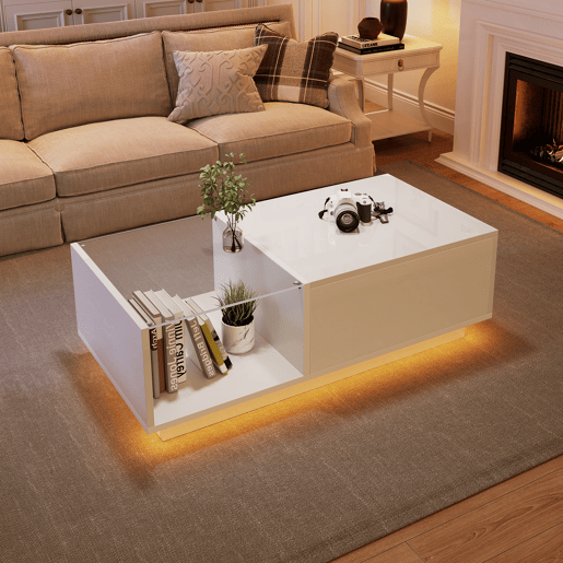 Mesa de centro elevável retangular de painel de partículas com luz led,branco