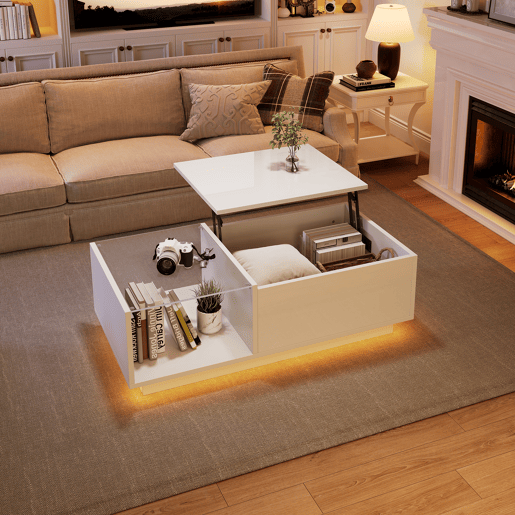 Mesa de centro elevável retangular de painel de partículas com luz led,branco