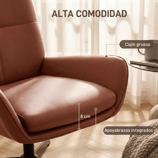 HOMCOM Poltrona Giratória Estofada em PU com Assento Acolchoado, Apoios de Braços e Pernas Metálicas, Castanho