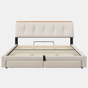 Cama estofada 180x200 cm - Armazenamento hidráulico, USB Tipo-C, LED, Multifuncional, Lona - Bege