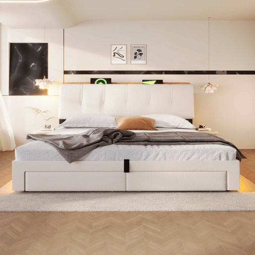 Cama estofada 180x200 cm - Armazenamento hidráulico, USB Tipo-C, LED, Multifuncional, Lona - Bege