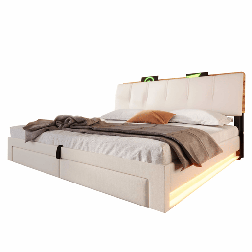 Cama estofada 180x200 cm - Armazenamento hidráulico, USB Tipo-C, LED, Multifuncional, Lona - Bege