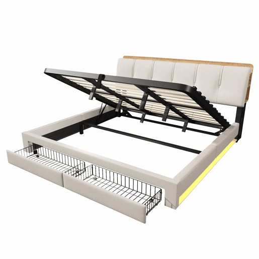 Cama estofada 180x200 cm - Armazenamento hidráulico, USB Tipo-C, LED, Multifuncional, Lona - Bege