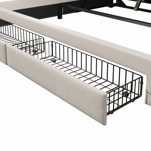 Cama estofada 180x200 cm - Armazenamento hidráulico, USB Tipo-C, LED, Multifuncional, Lona - Bege