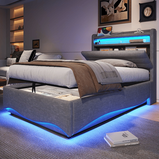 Cama estofada 90x200 cm - com iluminação LED, mecanismo hidráulico, portas USB e Tipo-C, compartimento e prateleiras, tecido de linho - Cinza