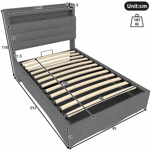 Cama estofada 90x200 cm - com iluminação LED, mecanismo hidráulico, portas USB e Tipo-C, compartimento e prateleiras, tecido de linho - Cinza