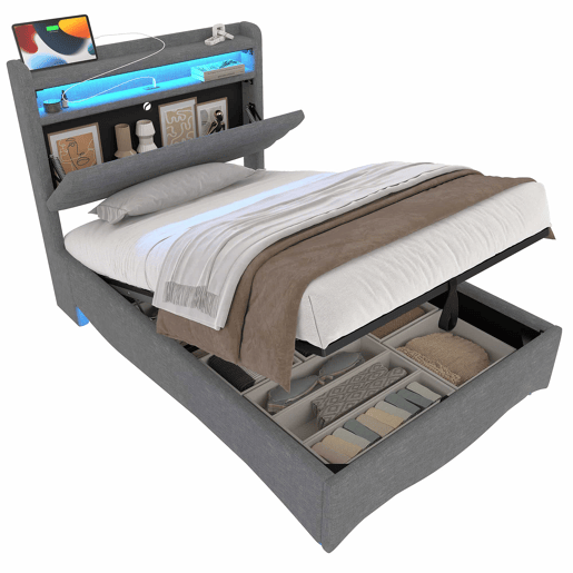Cama estofada 90x200 cm - com iluminação LED, mecanismo hidráulico, portas USB e Tipo-C, compartimento e prateleiras, tecido de linho - Cinza