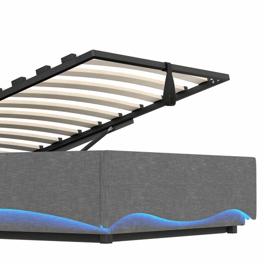 Cama estofada 90x200 cm - com iluminação LED, mecanismo hidráulico, portas USB e Tipo-C, compartimento e prateleiras, tecido de linho - Cinza