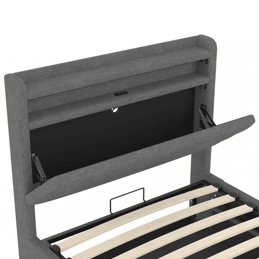 Cama estofada 90x200 cm - com iluminação LED, mecanismo hidráulico, portas USB e Tipo-C, compartimento e prateleiras, tecido de linho - Cinza