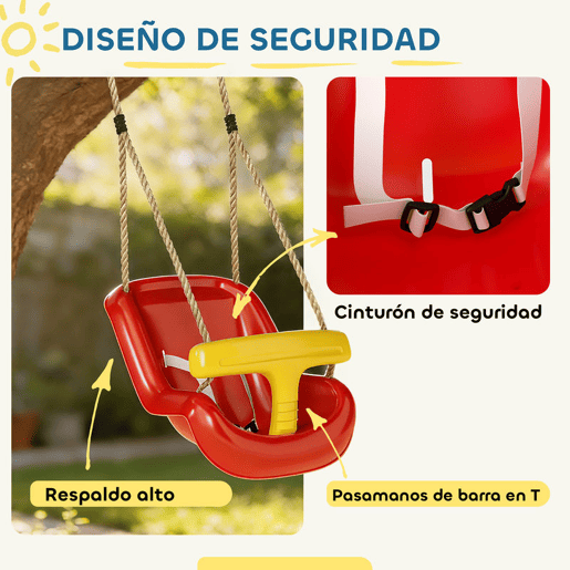 AIYAPLAY Baloiço Infantil Baloiço para Crianças Corda Ajustável com Encosto Alto Barra de Segurança em T para Interior e Exterior Vermelho