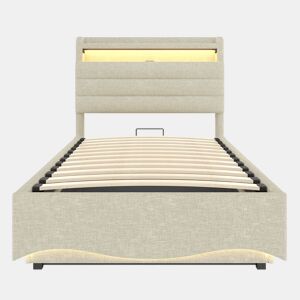 Cama estofada 90x200 cm - com iluminação LED, mecanismo hidráulico, portas USB e Tipo-C, compartimento e prateleiras, tecido de linho - bege