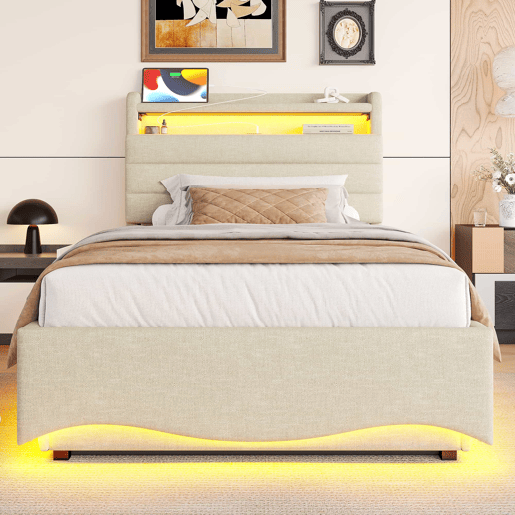 Cama estofada 90x200 cm - com iluminação LED, mecanismo hidráulico, portas USB e Tipo-C, compartimento e prateleiras, tecido de linho - bege