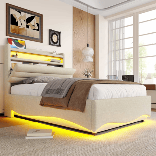 Cama estofada 90x200 cm - com iluminação LED, mecanismo hidráulico, portas USB e Tipo-C, compartimento e prateleiras, tecido de linho - bege