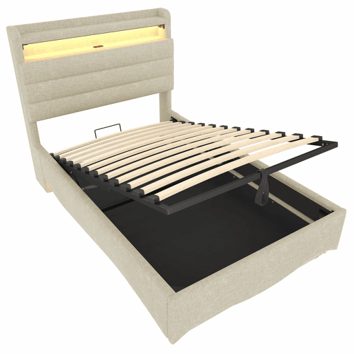 Cama estofada 90x200 cm - com iluminação LED, mecanismo hidráulico, portas USB e Tipo-C, compartimento e prateleiras, tecido de linho - bege