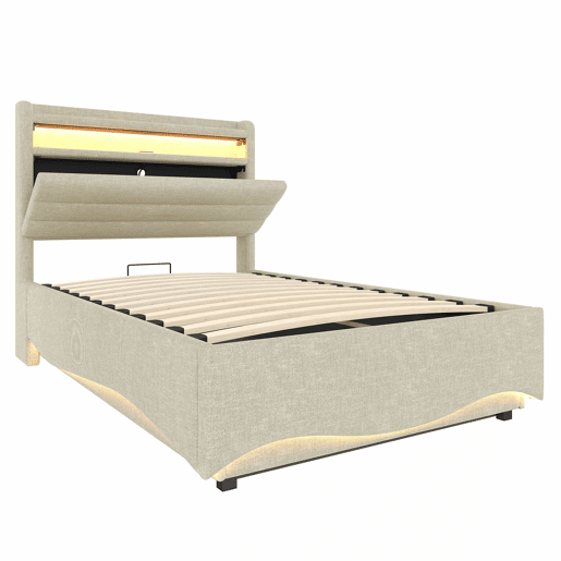 Cama estofada 90x200 cm - com iluminação LED, mecanismo hidráulico, portas USB e Tipo-C, compartimento e prateleiras, tecido de linho - bege