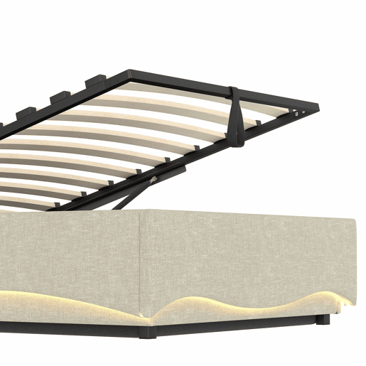 Cama estofada 90x200 cm - com iluminação LED, mecanismo hidráulico, portas USB e Tipo-C, compartimento e prateleiras, tecido de linho - bege