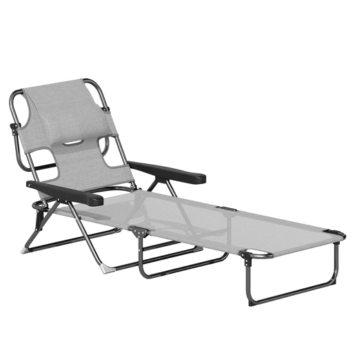 Outsunny Espreguiçadeira Dobrável Espreguiçadeira de Jardim Exterior com Encosto Ajustável em 4 Posições Orifício de Leitura Almofada de Apoio e Braços Carga 120 kg para Terraço Piscina 145x72x89 cm Cinzento Escuro