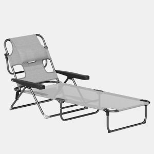 Outsunny Espreguiçadeira Dobrável Espreguiçadeira de Jardim Exterior com Encosto Ajustável em 4 Posições Orifício de Leitura Almofada de Apoio e Braços Carga 120 kg para Terraço Piscina 145x72x89 cm Cinzento Escuro