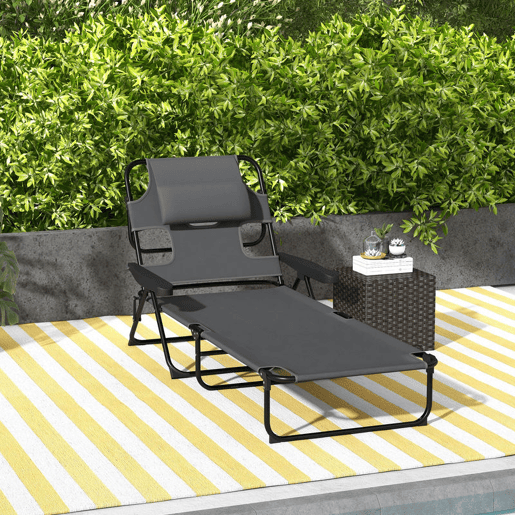 Outsunny Espreguiçadeira Dobrável Espreguiçadeira de Jardim Exterior com Encosto Ajustável em 4 Posições Orifício de Leitura Almofada de Apoio e Braços Carga 120 kg para Terraço Piscina 145x72x89 cm Cinzento Escuro