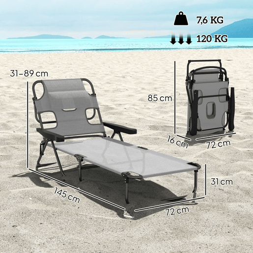 Outsunny Espreguiçadeira Dobrável Espreguiçadeira de Jardim Exterior com Encosto Ajustável em 4 Posições Orifício de Leitura Almofada de Apoio e Braços Carga 120 kg para Terraço Piscina 145x72x89 cm Cinzento Escuro