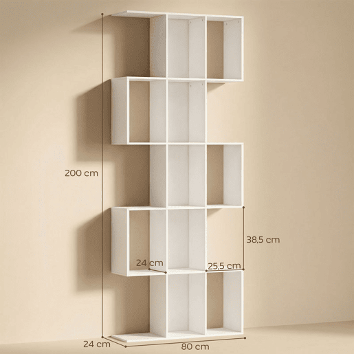 HOMCOM Estante de 5 Níveis Estante de Livros Estreita Estante em Forma de S para Sala de Estar Quarto Escritório 80x24x200 cm Branco com Efeito Madeira