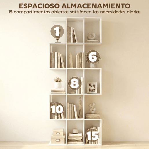 HOMCOM Estante de 5 Níveis Estante de Livros Estreita Estante em Forma de S para Sala de Estar Quarto Escritório 80x24x200 cm Branco com Efeito Madeira