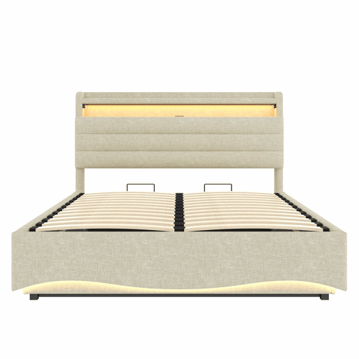 Cama estofada 140x200 cm - com iluminação LED, mecanismo hidráulico, portas USB e Tipo-C, compartimento e prateleiras, tecido de linho - Bege