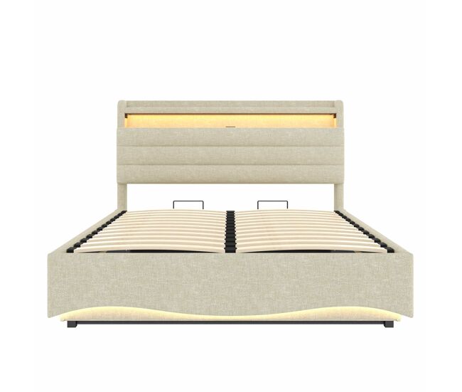Cama tapizada 140x200 cm - con iluminación led, mecanismo hidráulico, puertos usb y tipo-c, compartimento y estantes, tela de lino - beige