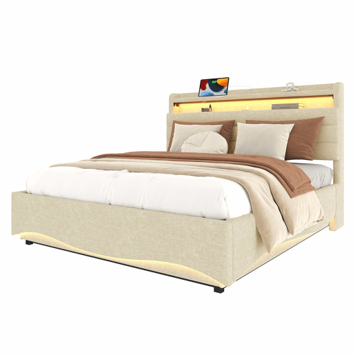 Cama estofada 140x200 cm - com iluminação LED, mecanismo hidráulico, portas USB e Tipo-C, compartimento e prateleiras, tecido de linho - Bege