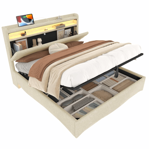 Cama estofada 140x200 cm - com iluminação LED, mecanismo hidráulico, portas USB e Tipo-C, compartimento e prateleiras, tecido de linho - Bege