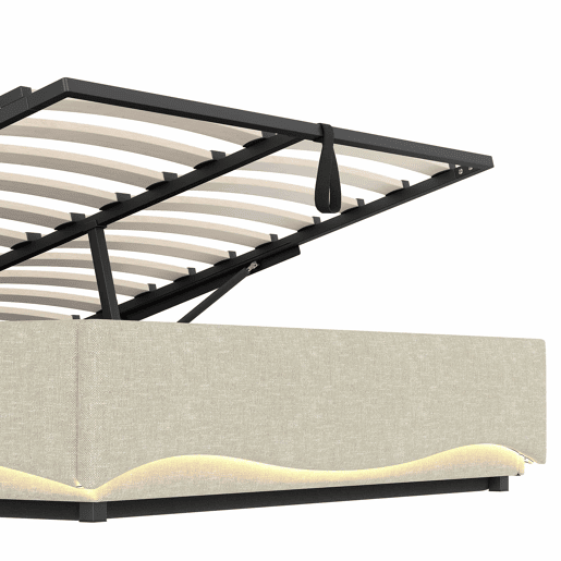 Cama estofada 140x200 cm - com iluminação LED, mecanismo hidráulico, portas USB e Tipo-C, compartimento e prateleiras, tecido de linho - Bege