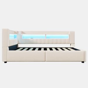Cama individual 90x200 cm - Armazenamento hidráulico, USB Tipo-C, LED, Sofá-cama, Estilo minimalista - Bege