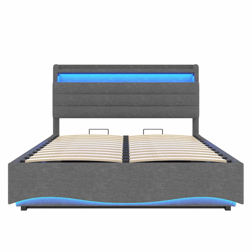Cama estofada 140x200 cm - LED, hidráulica, USB e Tipo-C, arrumação, linho - Cinza