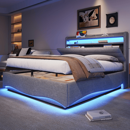 Cama estofada 140x200 cm - LED, hidráulica, USB e Tipo-C, arrumação, linho - Cinza