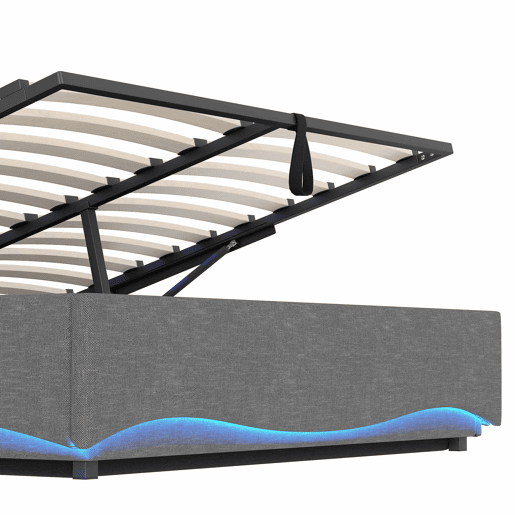 Cama estofada 140x200 cm - LED, hidráulica, USB e Tipo-C, arrumação, linho - Cinza