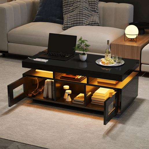 Mesa de centro retangular de painel de partículas com luz led,preto