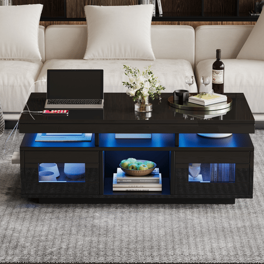Mesa de centro retangular de painel de partículas com luz led,preto